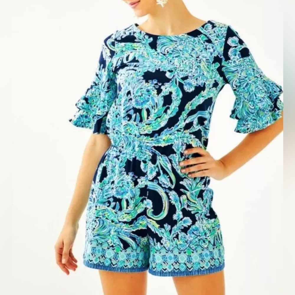 Lilly Pulitzer Lula Romper High Tide Navy Scuba Doo Ruffled Sleeves, Size Medium